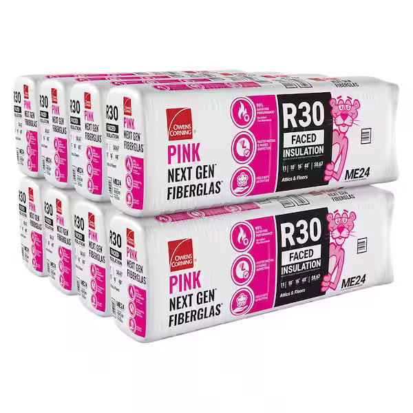 Eight large packages of Owens Corning R30 16 in. x 48 in. Faced Fiberglass Insulation Batt 59 SQ FT are stacked in two rows, each showing the brand’s pink panther mascot and product details on the packaging.